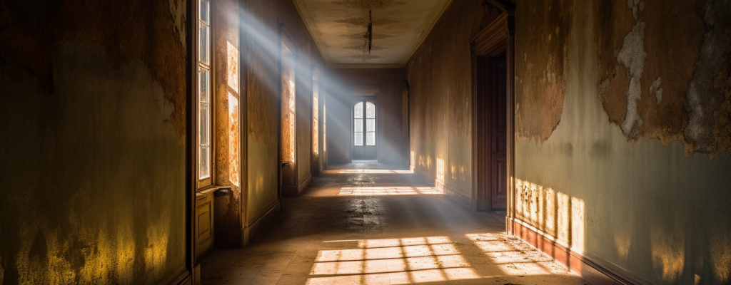 A photograph showcasing a long, narrow corridor with worn-out wallpaper. Celestial light streams through a window, illuminating dust particles in the air and providing a stark contrast to the somber setting. The image, taken with a wide-angle lens, captures the length of the corridor and the impactful radiant light, evoking feelings of solitude and quiet reflection.