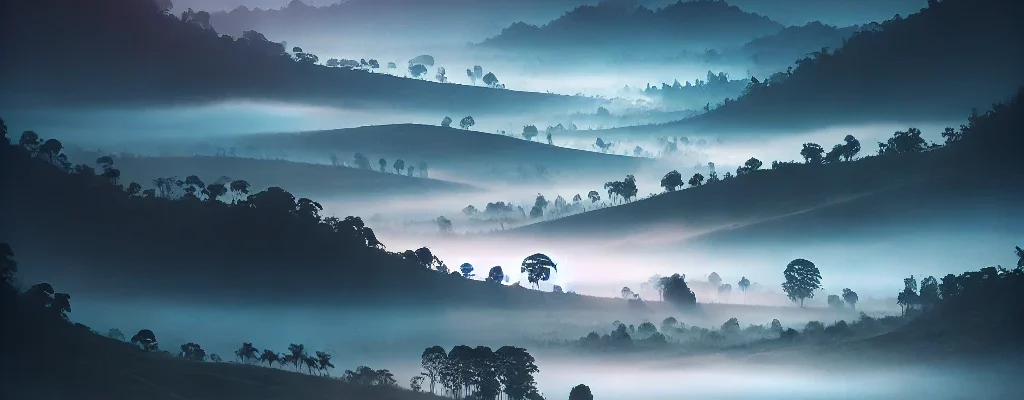 A tranquil valley covered in mist at dawn, with the first rays of sunlight piercing through, revealing a landscape of gentle hills and sparse trees. The sky is transitioning from deep blue to shades of pink and orange.