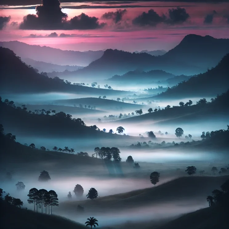 A tranquil valley covered in mist at dawn, with the first rays of sunlight piercing through, revealing a landscape of gentle hills and sparse trees. The sky is transitioning from deep blue to shades of pink and orange.